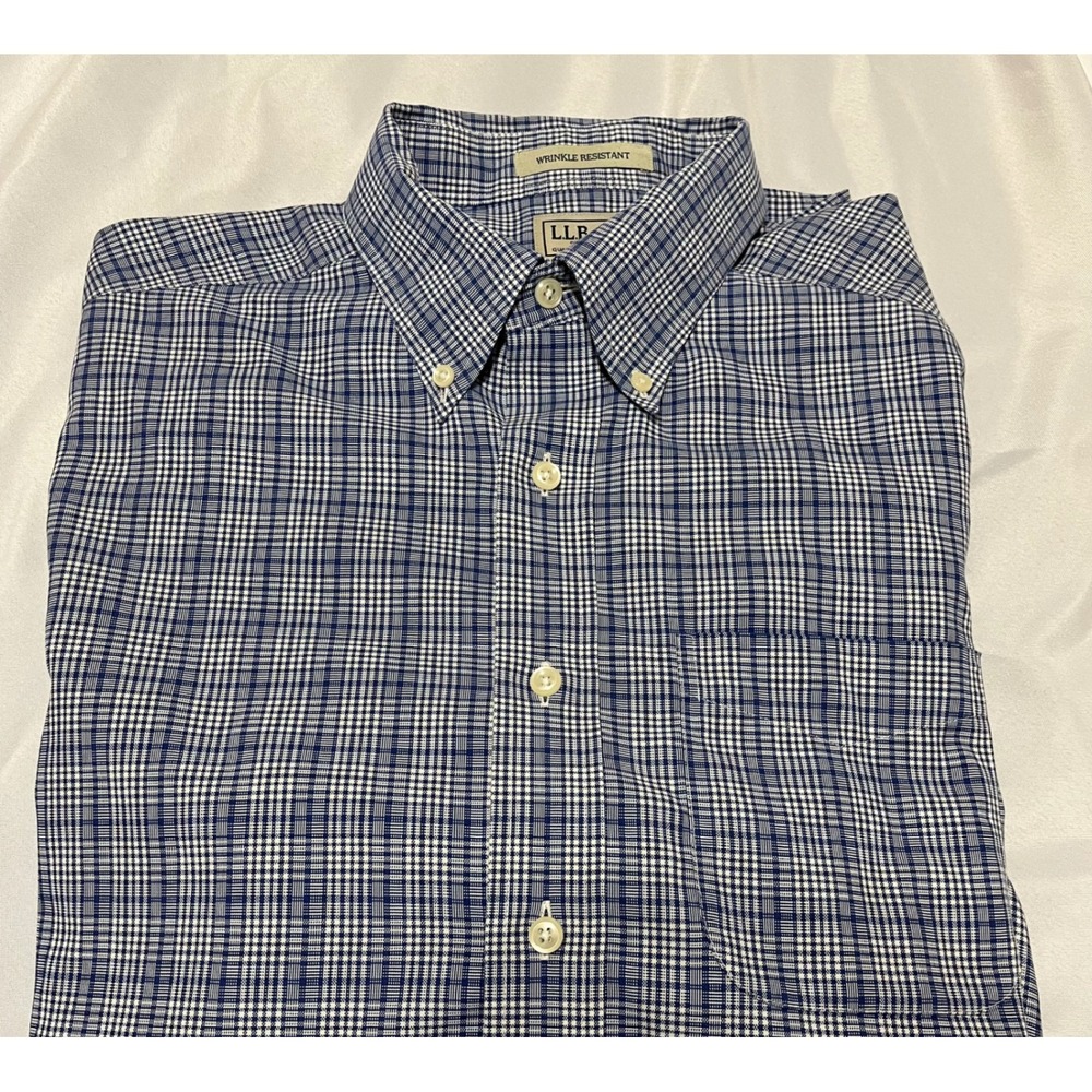 LL Bean Mens Blue White Glen Plaid Wrinkle Resistant Button Down Shirt XL